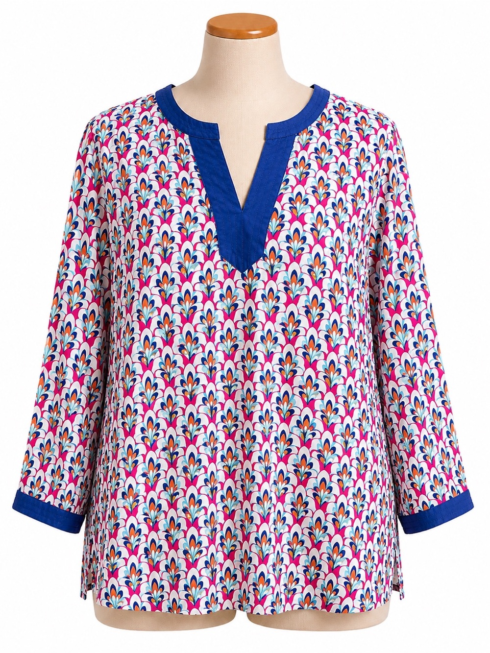 Talbots Multicolor Printed V-Neck Tunic with Royal Blue Trim